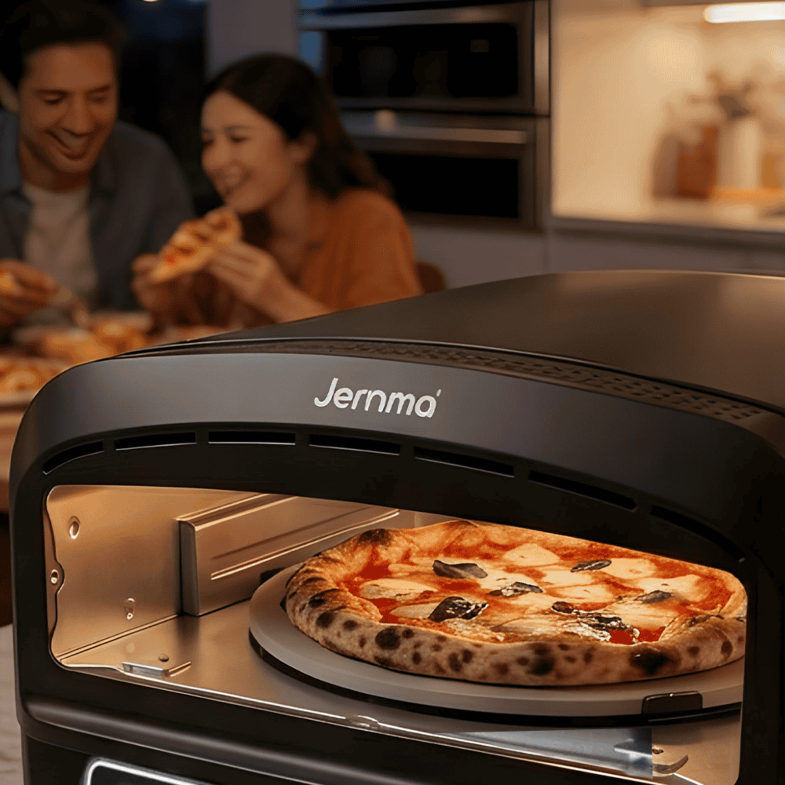 Family enjoying authentic stone-baked pizza from the Jeroma Rotaro