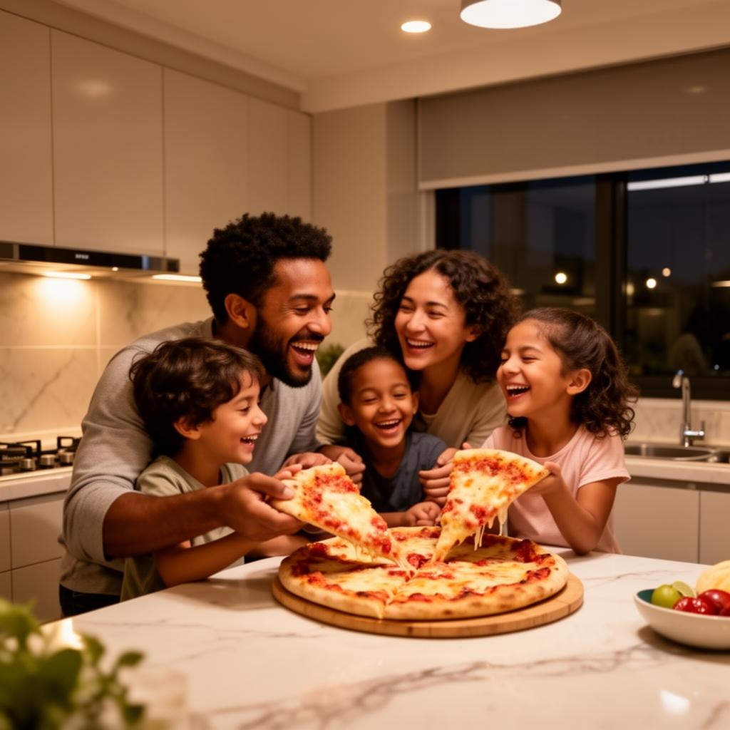 Family enjoying pizza night together