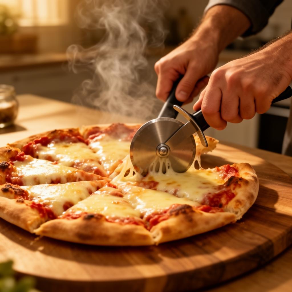 Slicing a fresh hot pizza