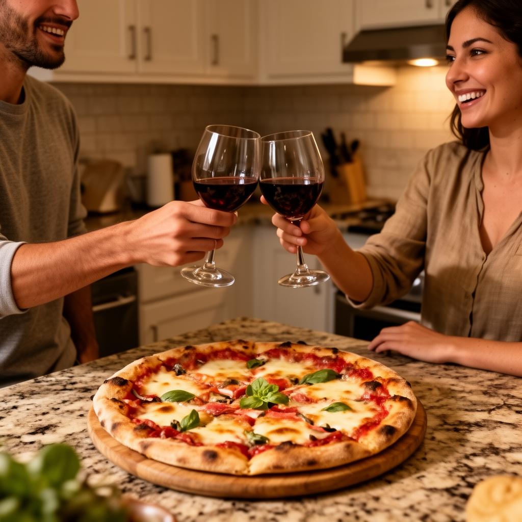 Friends sharing pizza and wine