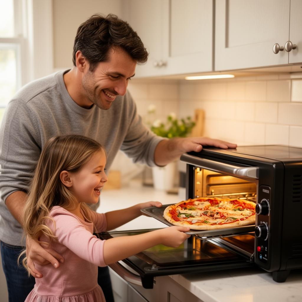 Father and daughter pulling pizza from oven