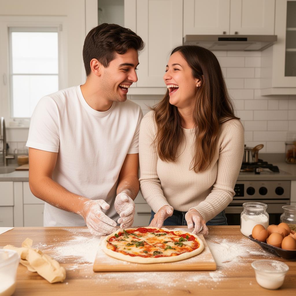 Couple making homemade pizza together