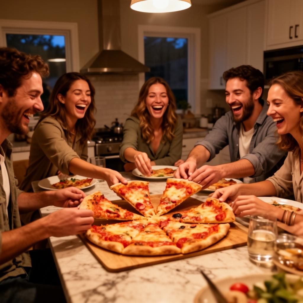 Friends gathered around a fresh pizza
